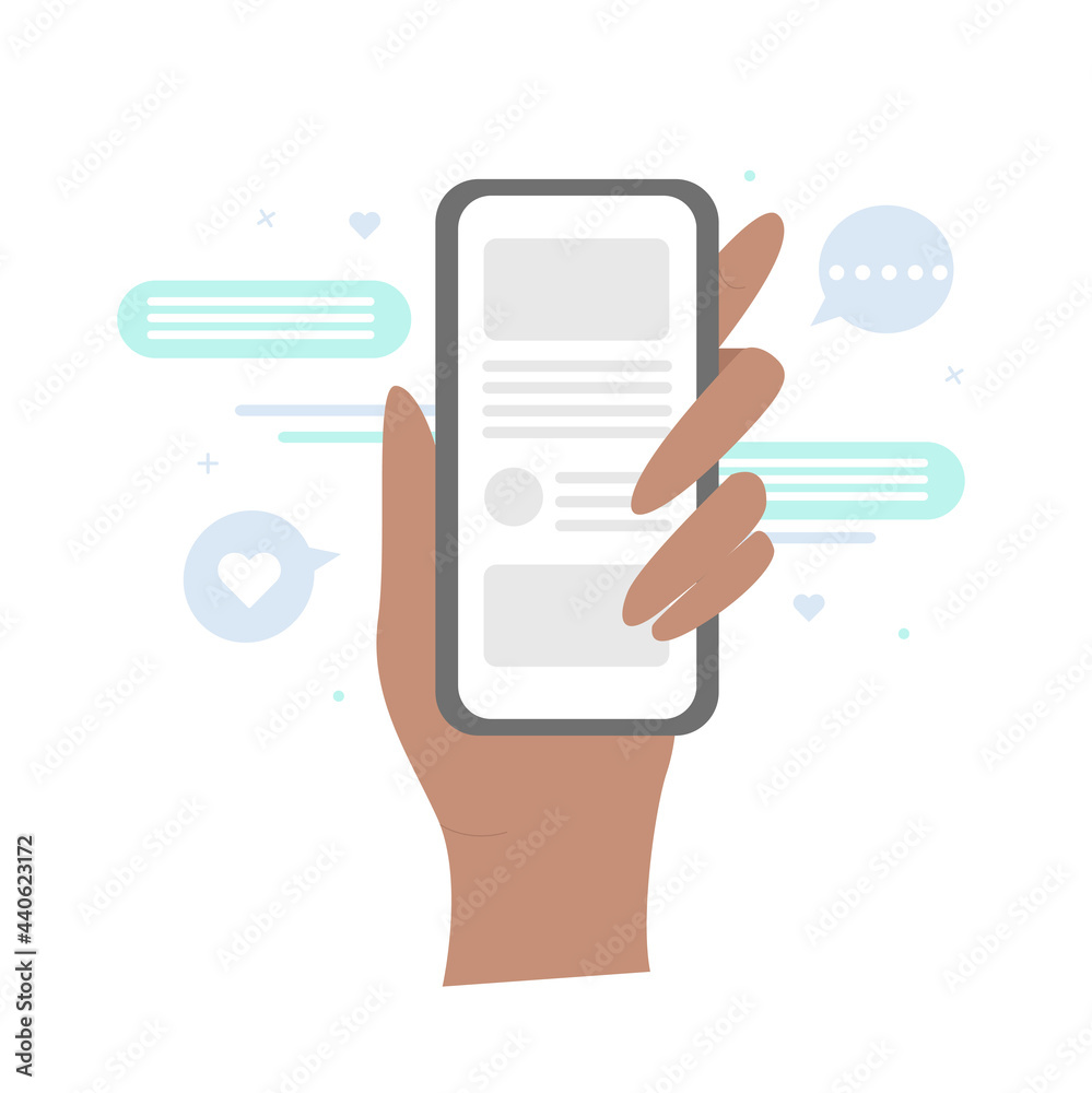 Hands holding cell phone with app design. Hand holding phone with short ...