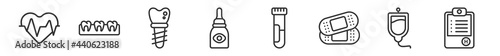 outline set of medical line icons. linear vector icons such as lifeline, teeth, implants, eye drops, blood sample, medical history. vector illustration.