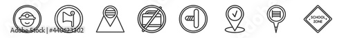 outline set of maps and flags line icons. linear vector icons such as mine site, flag, map localization, no luggage, road left side, school zone. vector illustration.