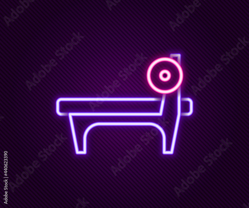 Glowing neon line Bench with barbel icon isolated on black background. Gym equipment. Bodybuilding, powerlifting, fitness concept. Colorful outline concept. Vector