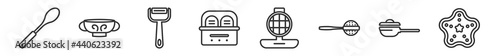 outline set of kitchen line icons. linear vector icons such as teaspoon, tureen, vegetable peeler, yogurt maker, waffle iron, trivet. vector illustration.