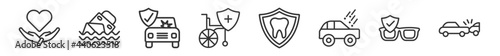outline set of insurance line icons. linear vector icons such as safe, sinking, frontal crash, disabled, dental insurance, rear end collision. vector illustration.