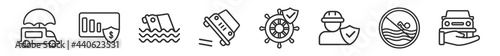 outline set of insurance line icons. linear vector icons such as moving insurance, actual cash value, flooded house, overturned car, ship insurance, transport vector illustration.