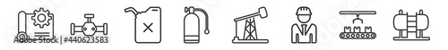 outline set of industry line icons. linear vector icons such as planing, oil valve, fuel, oxygen, oil pumps, tanks. vector illustration.