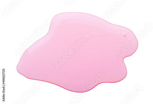 Pink dishwashing liquid gel isolated on white background, top view