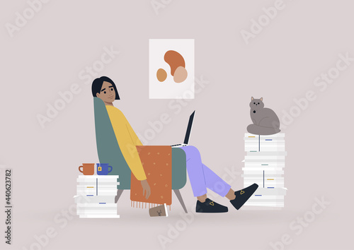 Working from home, a young female character sitting in an armchair surrounded by paperwork