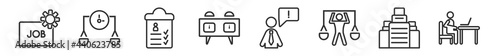 outline set of human resources line icons. linear vector icons such as job application, time balance, skills, chess clock, grievance, working. vector illustration.