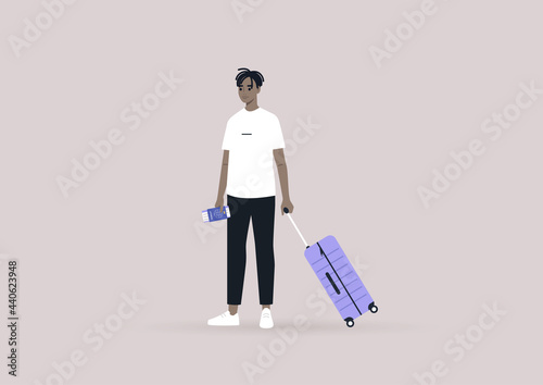 A young male Black passenger traveling with cabin luggage, passport, and boarding pass