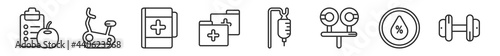 outline set of health line icons. linear vector icons such as nutrition, stationary bike, medical book, medical file, saline, gym. vector illustration.