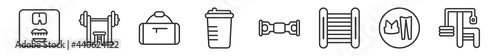 outline set of gymandfitness line icons. linear vector icons such as diet, bench press, sport bag, protein shake, chest expander, gym station. vector illustration.
