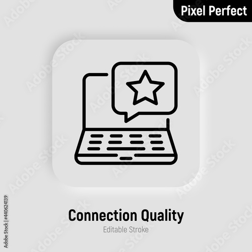Rating thin line icon, service feedback. Star in speech bubble on laptop's screen. Customer satisfaction. Pixel perfect, editable stroke. Vector illustration.