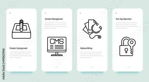Medical thin line icons set: product consignment, content management, medical billing, turn-key operation. Vector illustration.
