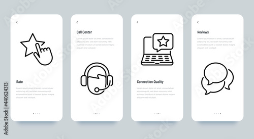 Testimonials mobile user interface with thin line icons set: rate, call canter, connection quality, reviews. Pixel perfect, editable stroke. Vector illustration.