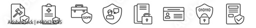 outline set of gdpr line icons. linear vector icons such as code of conduct, medical record, portfolio, profiling, right to access, plain. vector illustration.