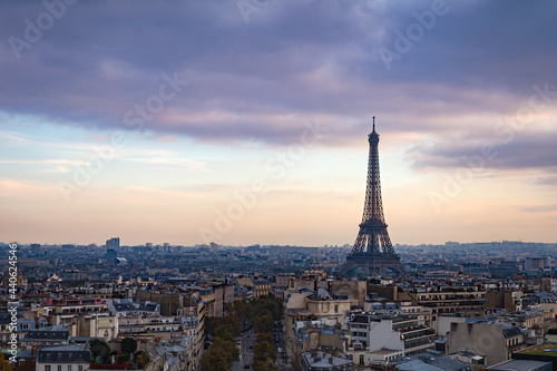 Cityscape view of Paris city in France with Eiffel tower landmark in the background. Overcast sky full with dark cloud and it's about to rain. Moody, lonely and blue color tone concept. © TimmyTimTim