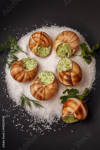 Snails in green butter sauce served on salt