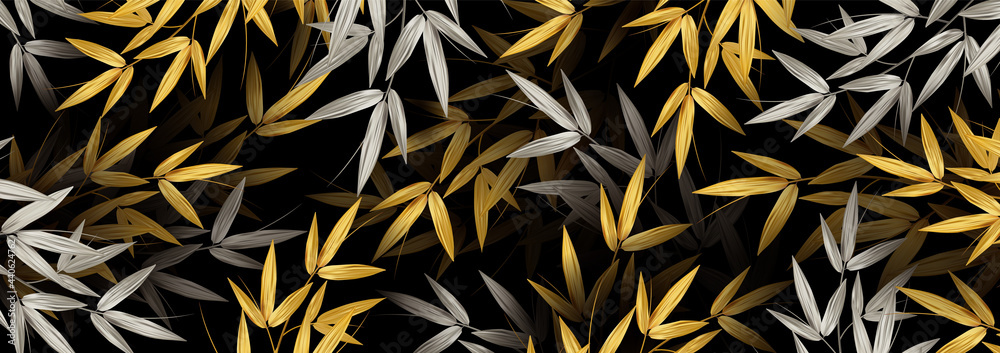 Realistic Golden Bamboo Leaves. Pattern with tropical leaf. Texture design for web banner, print, wallpaper. Vector illustration.