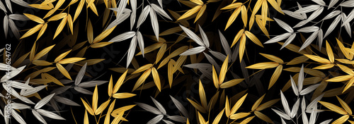 Realistic Golden Bamboo Leaves. Pattern with tropical leaf. Texture design for web banner, print, wallpaper. Vector illustration.
