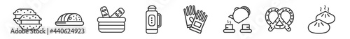 outline set of food line icons. linear vector icons such as macarons, marzipan, french bread, thermo flask, protection gloves, dumpling. vector illustration.