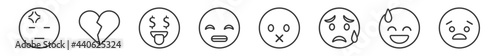 outline set of emoji line icons. linear vector icons such as headache emoji, broken heart emoji, rich grinning muted anguished vector illustration.