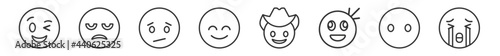 outline set of emoji line icons. linear vector icons such as wink emoji, annoyed emoji, confused calm cowboy hat crying vector illustration.