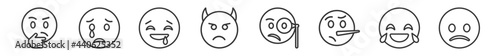 outline set of emoji line icons. linear vector icons such as thinking emoji, cry emoji, drool angry with horns monocle slightly frowning vector illustration.