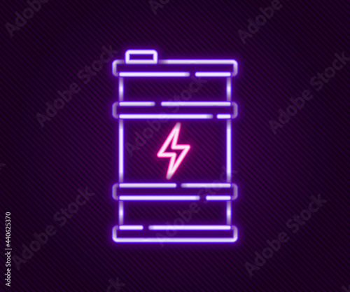 Glowing neon line Bio fuel barrel icon isolated on black background. Eco bio and canister. Green environment and recycle. Colorful outline concept. Vector