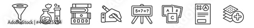 outline set of education line icons. linear vector icons such as chemistry funnel, experimentation, stack of books, write by hand, math class, arrange. vector illustration.