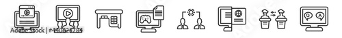 outline set of e learning and education line icons. linear vector icons such as video tutorial, online course, teacher desk, game-based learning, sociology, qa. vector illustration.