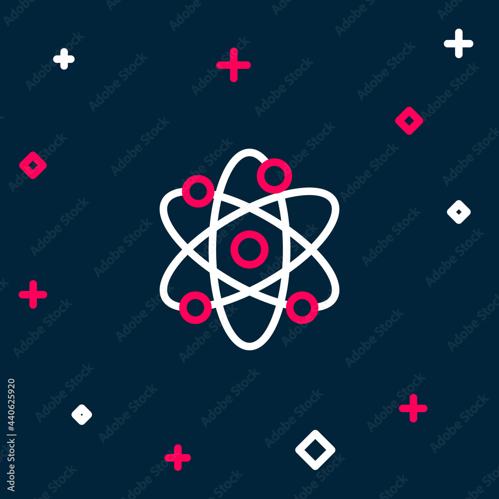 Line Atom icon isolated on blue background. Symbol of science, education, nuclear physics, scientific research. Colorful outline concept. Vector
