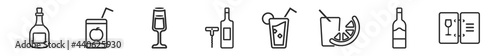 outline set of drinks line icons. linear vector icons such as rum, apple juice, pisco sour, corkscrews and bottle of wine, mojito, wine list. vector illustration.