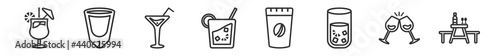 outline set of drinks line icons. linear vector icons such as mai tai, white russian drink, pink rose, caipirinha, coffee bag, picnic table. vector illustration.
