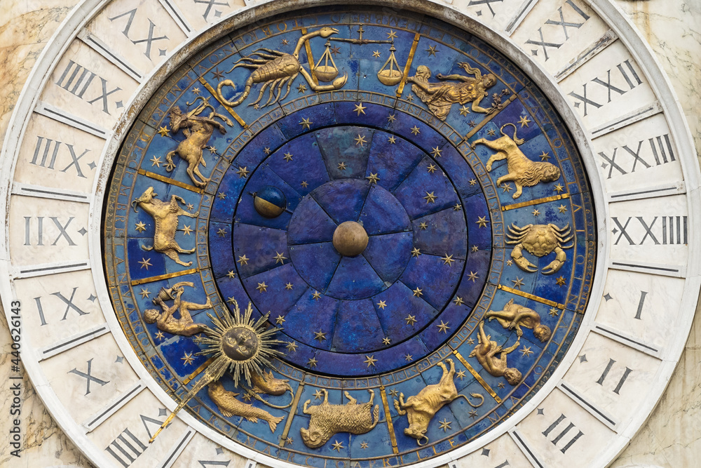 Astrological signs, zodiac symbols on St Mark's Clock Tower renaissance building on the the Piazza San Marco in Venice, Italy