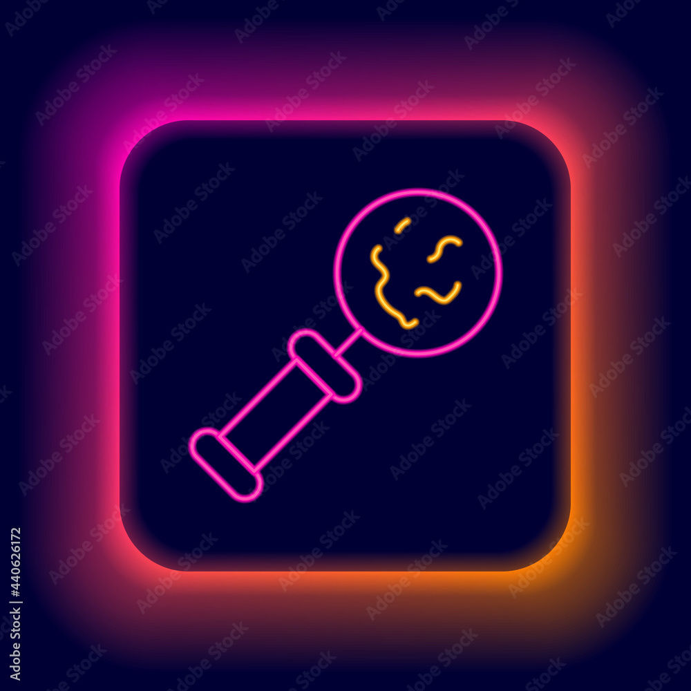 Glowing neon line Microorganisms under magnifier icon isolated on black background. Bacteria and germs, cell cancer, microbe, virus, fungi. Colorful outline concept. Vector Glowing neon line Microorganisms under magnifier icon isolated on black background. Bacteria and germs, cell cancer, microbe, virus, fungi. Colorful outline concept. Vector