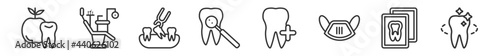 outline set of dentist line icons. linear vector icons such as dentist apple, dentist chair, tooth extraction, examination, aid, tooth whitening. vector illustration.