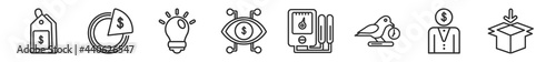 outline set of crowdfunding line icons. linear vector icons such as price tag, equity, creator, bionic contact lens, tester, packaging. vector illustration.