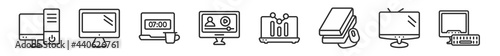 outline set of computer line icons. linear vector icons such as work station, pc computer with monitor, morning work, video lecture, laptop data analytics graphic on screen with circles,