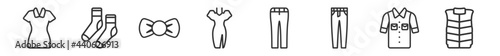 outline set of clothes line icons. linear vector icons such as lyocell shirt dress, women socks, bow tie, dress with butterfly sleeves, chinos pants, padded vest. vector illustration.