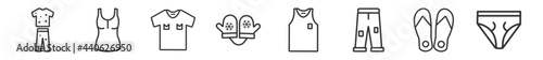 outline set of clothes line icons. linear vector icons such as pijama, tank top, tshirt, mittens, sleeveless shirt, underwear. vector illustration.