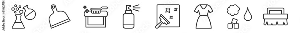 outline set of cleaning line icons. linear vector icons such as chemical reaction, dust pan, carpet cleaning, spray, glass cleaning, scrub brush. vector illustration.