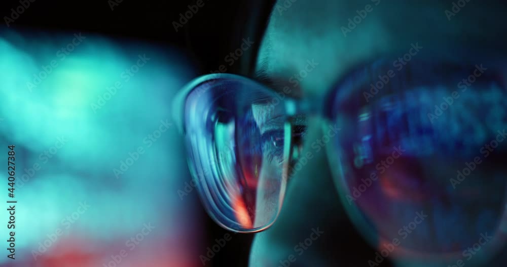 Closeup of Young Adult Female with Reflective Glasses Analyzing Financial Stock Data Working at Night on Computer with Digital Screens Bokeh | Cyber Security Women Programmer Reflection Dark ProRes 4K Closeup of Young Adult Female with Reflective Glasses Analyzing Financial Stock Data Working at Night on Computer with Digital Screens Bokeh | Cyber Security Women Programmer Reflection Dark ProRes 4K