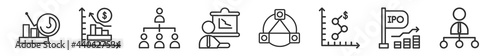 outline set of business line icons. linear vector icons such as statistics, profit analysis, organization, person explaining strategy, database interconnected, department head. vector illustration.