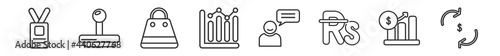 outline set of business line icons. linear vector icons such as lanyard, rubber stamp, shopping bags, graphs, man talking, dollar. vector illustration.