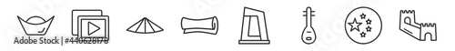 outline set of asian line icons. linear vector icons such as sycee, dizi, bamboo hat, scrolls, cctv headquarters, great wall of china. vector illustration.
