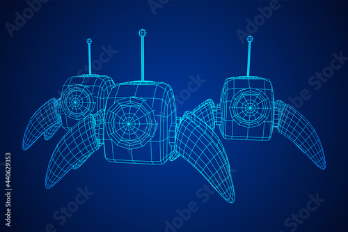 Spider robot with radar antenna. Nanobot, nanotechnology medical concept. Wireframe low poly mesh vector illustration