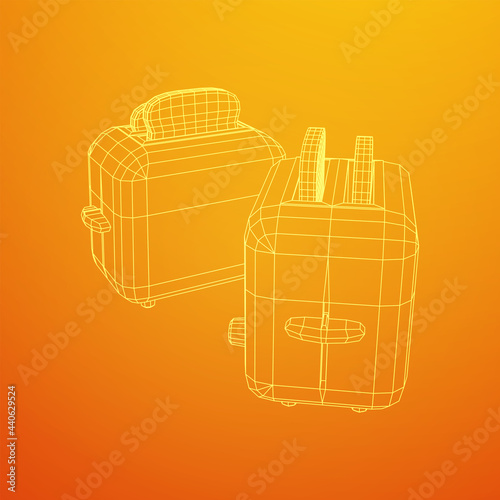 Toaster with two fried pieces of loaf prepared for a breakfast. Wireframe low poly mesh vector illustration.