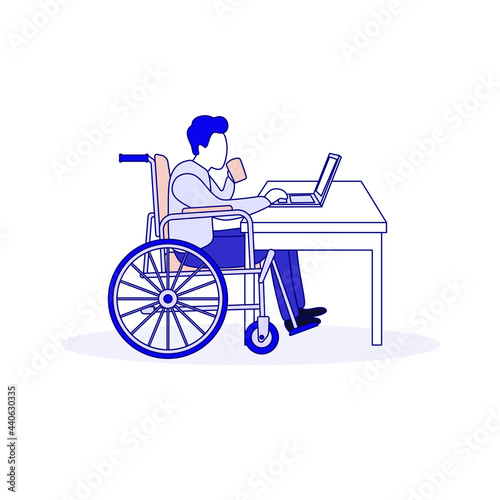 Social inclusion. A young man in a wheelchair works remotely from home on a laptop. Disabled man at work. Concept of social adaptation of disabled people. Trendy vector linear illustration.