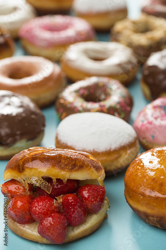 Various doughnuts in composition at studio shot