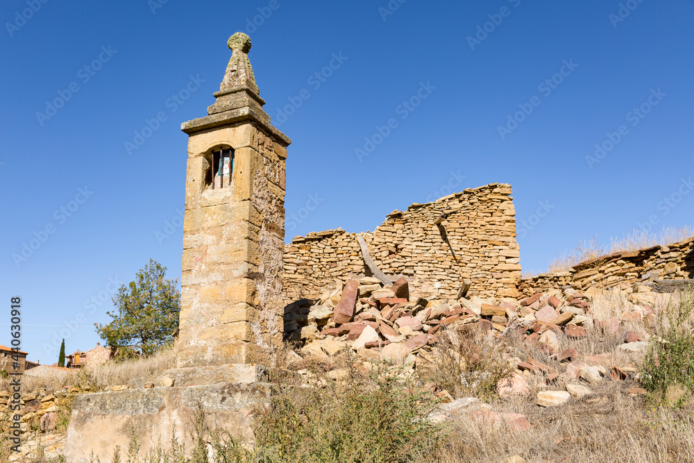 Virgin of the Pilar Peiron/humilladero (tiny Christian chapel on top of a column) in Hombrados village, province of Guadalajara, Castile La Mancha, Spain