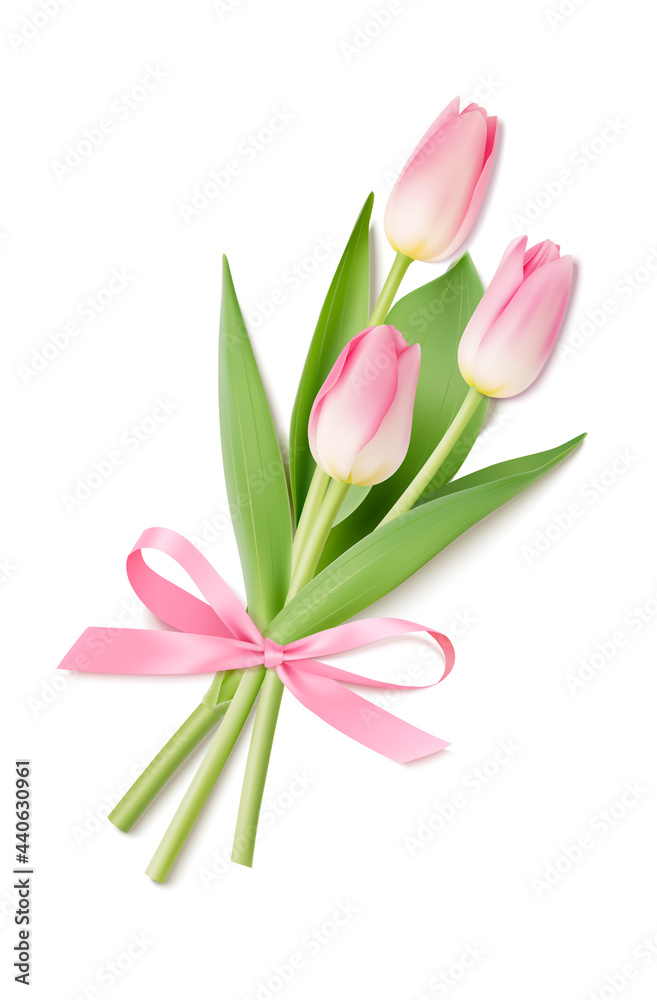 Bouquet of  realistic pink tulips with pink bow isolated on white. Vector illustration.	